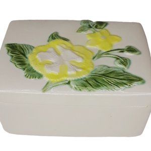 Floral Trinket Box Vintage Ceramic McNees Mold Jewelry Box White Yellow Flower